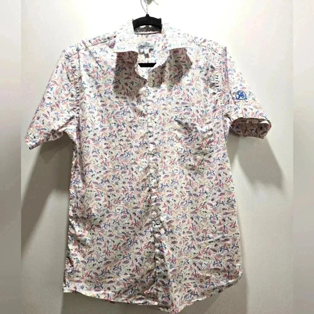 Peter Millar Summer Men's Small Helicopter Palm Tree Print Short Sleeve Button